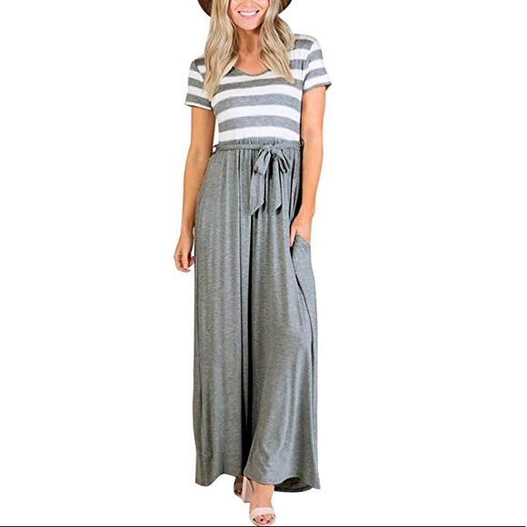 Long Sleeve Striped V Neck Maxi in Grey - Picture 3 of 6